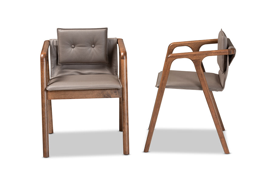 Marcena Mid-Century Modern Grey Imitation Leather Upholstered and Walnut Brown Finished Wood 2-Piece Dining Chair Set