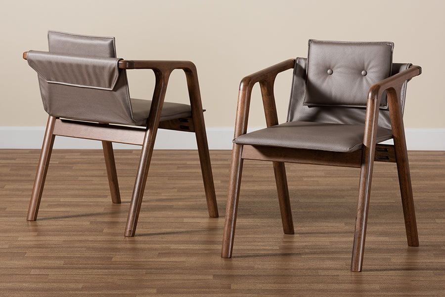 Marcena Mid-Century Modern Grey Imitation Leather Upholstered and Walnut Brown Finished Wood 2-Piece Dining Chair Set