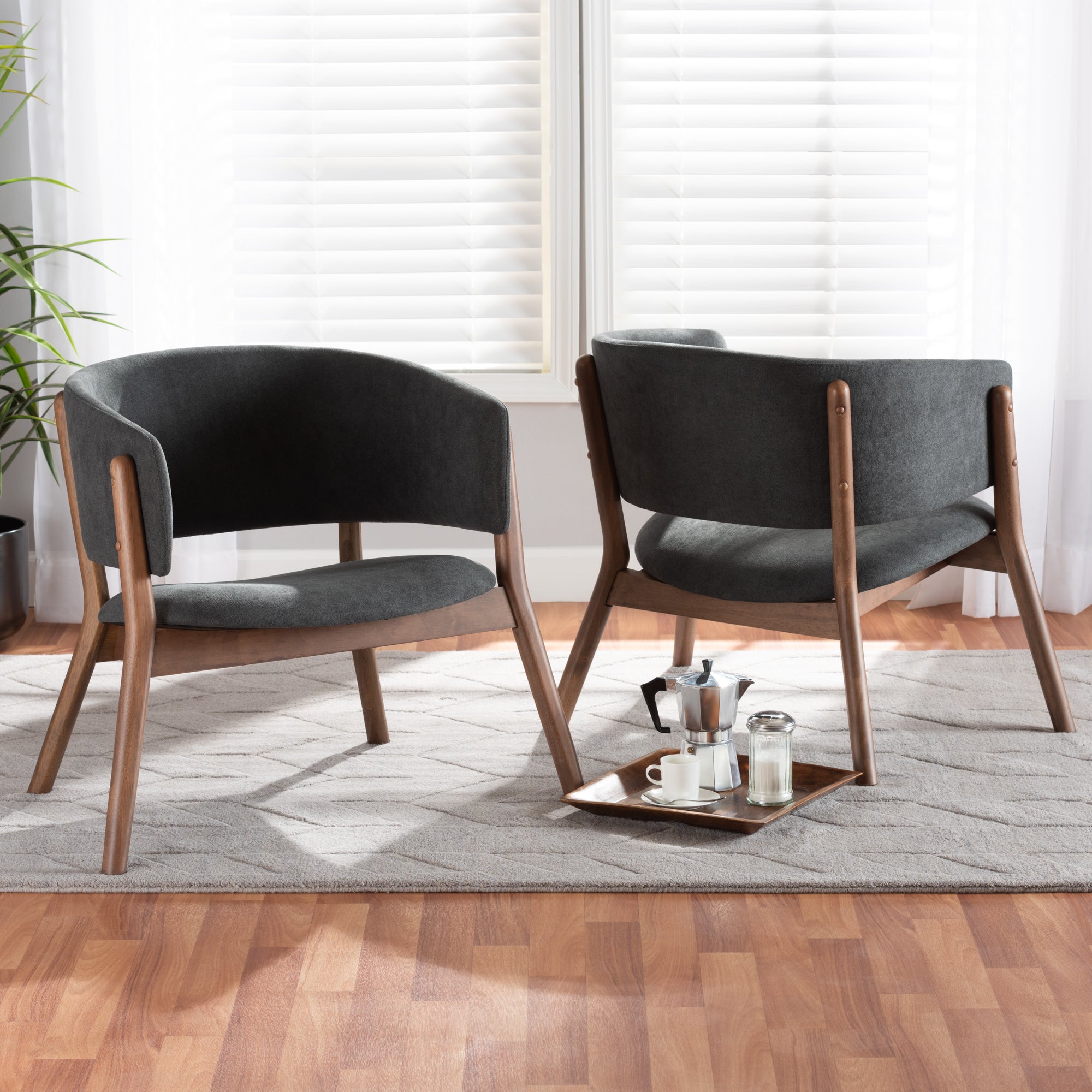 Baron Mid-Century Modern Dark Grey Fabric Upholstered and Walnut Brown Finished Wood 2-Piece Living Room Accent Chair Set