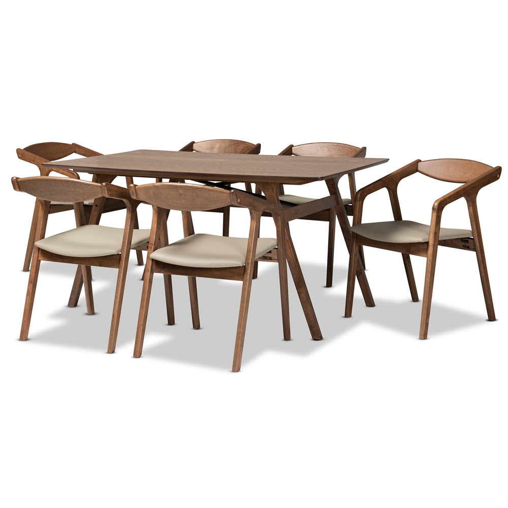 Harland Mid-Century Modern Grey Faux Leather Upholstered and Walnut Brown Finished Wood 7-Piece Dining Set
