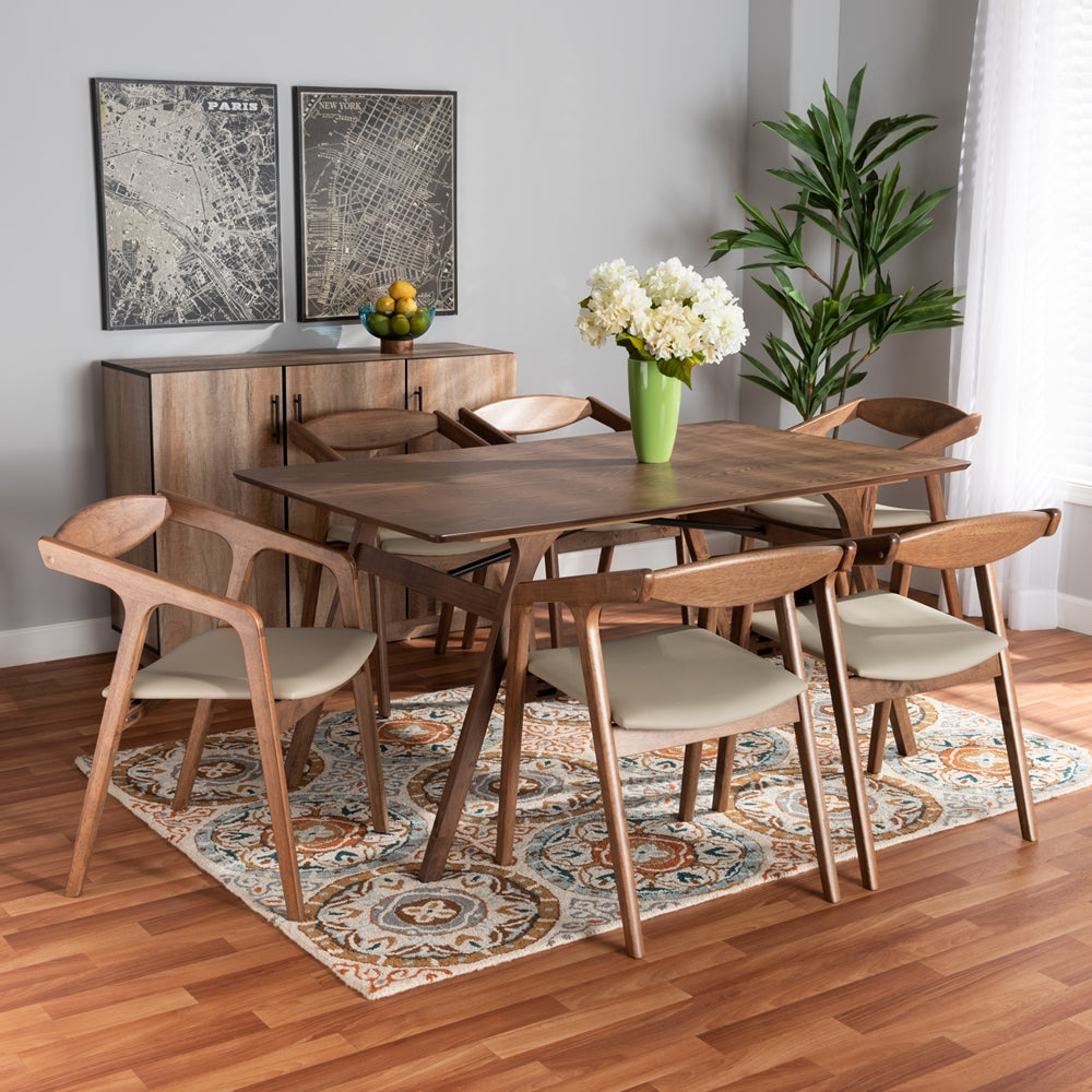 Harland Mid-Century Modern Grey Faux Leather Upholstered and Walnut Brown Finished Wood 7-Piece Dining Set