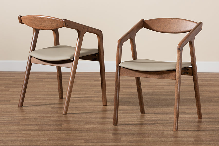 Harland Mid-Century Modern Grey Faux Leather Upholstered and Walnut Brown Finished Wood 2-Piece Dining Chair Set