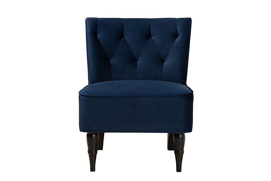 Harmon Modern and Contemporary Transitional Navy Blue Velvet Fabric Upholstered and Black Finished Wood Accent Chair