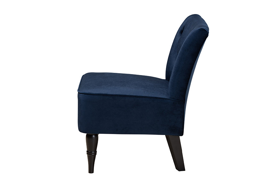 Harmon Modern and Contemporary Transitional Navy Blue Velvet Fabric Upholstered and Black Finished Wood Accent Chair