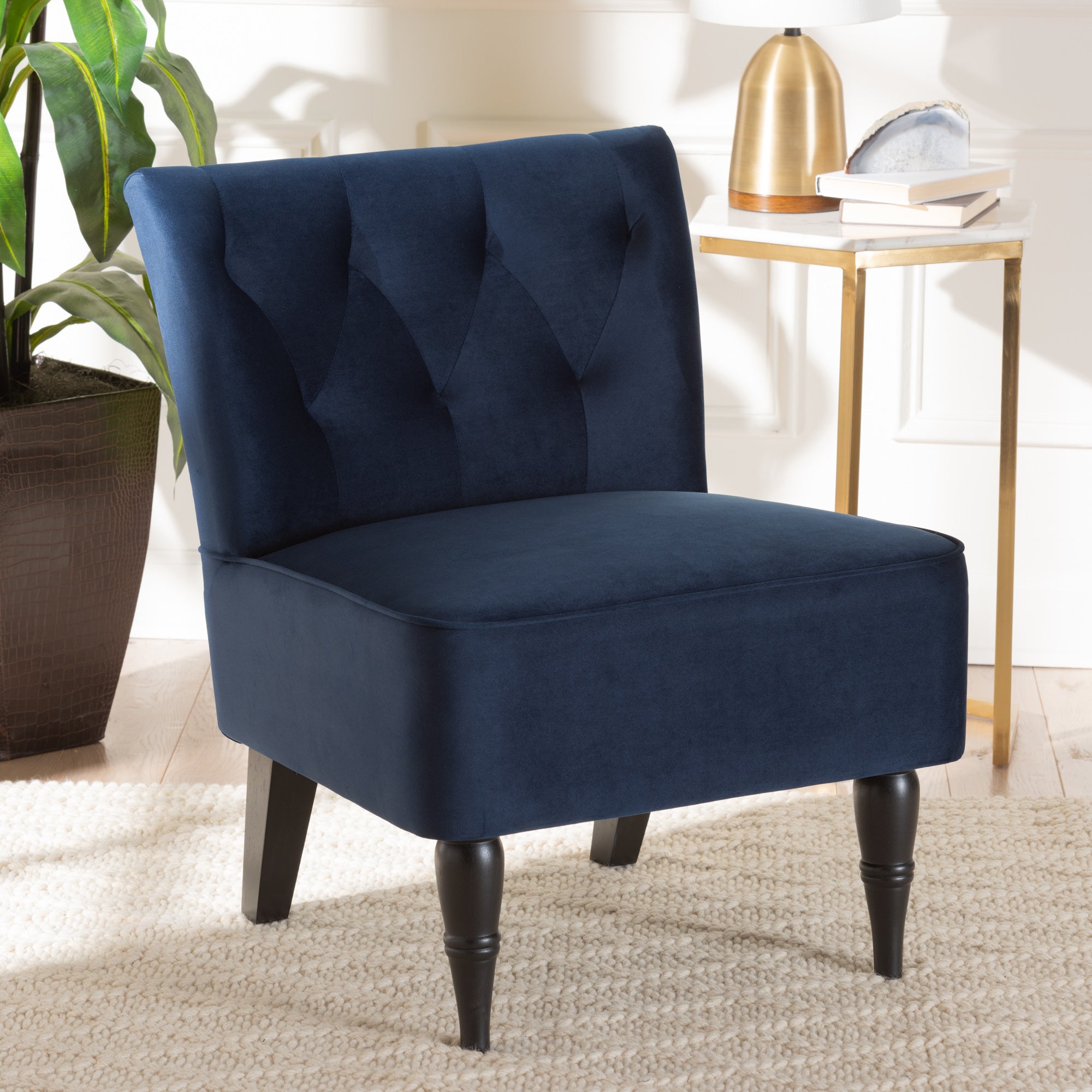 Harmon Modern and Contemporary Transitional Navy Blue Velvet Fabric Upholstered and Black Finished Wood Accent Chair