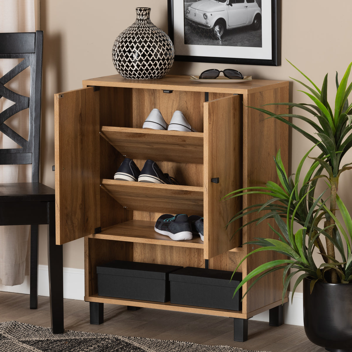 Rossin Modern and Contemporary Oak Brown Finished Wood 2-Door Entryway Shoe Storage Cabinet with Bottom Shelf