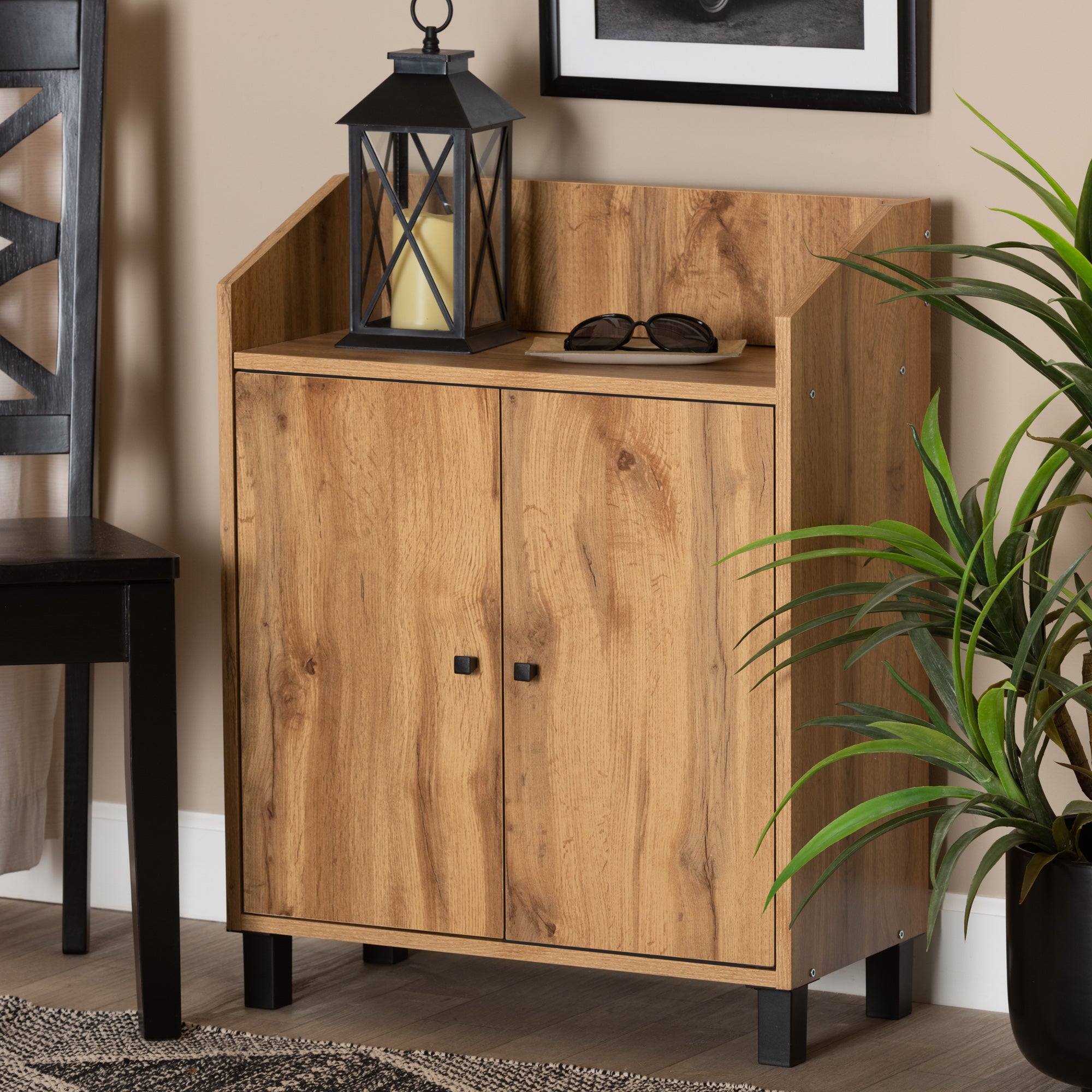 Rossin Modern and Contemporary Oak Brown Finished Wood 2-Door Entryway Shoe Storage Cabinet with Top Shelf