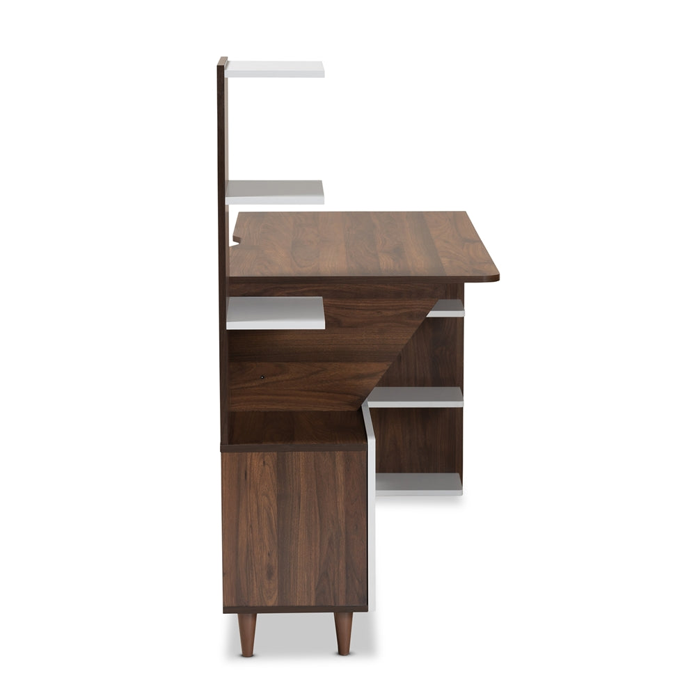 Tobias Mid-Century Modern Two-Tone White and Walnut Brown Finished Wood Storage Computer Desk with Shelves