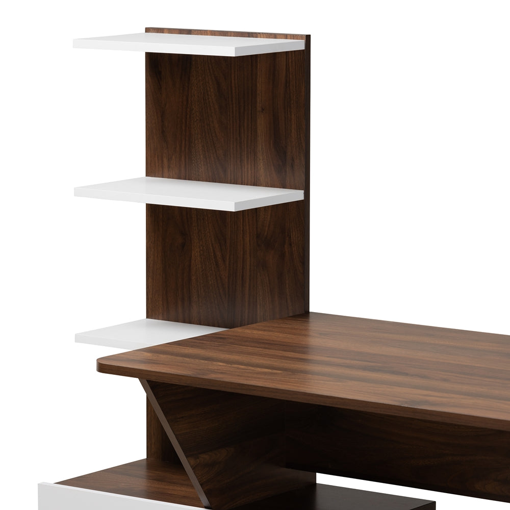 Tobias Mid-Century Modern Two-Tone White and Walnut Brown Finished Wood Storage Computer Desk with Shelves