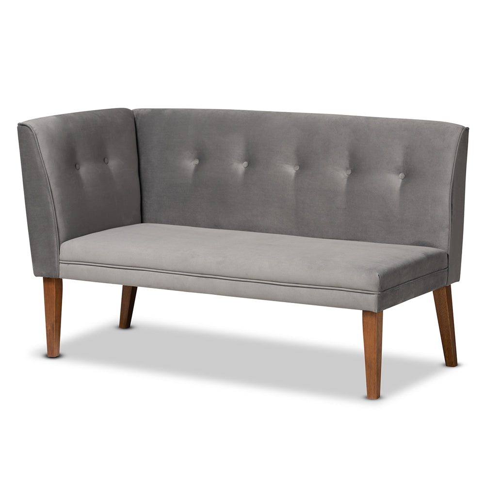Stewart Mid-Century Modern Grey Velvet Upholstered and Walnut Brown Finished Wood 2-Piece Dining Nook Banquette Set