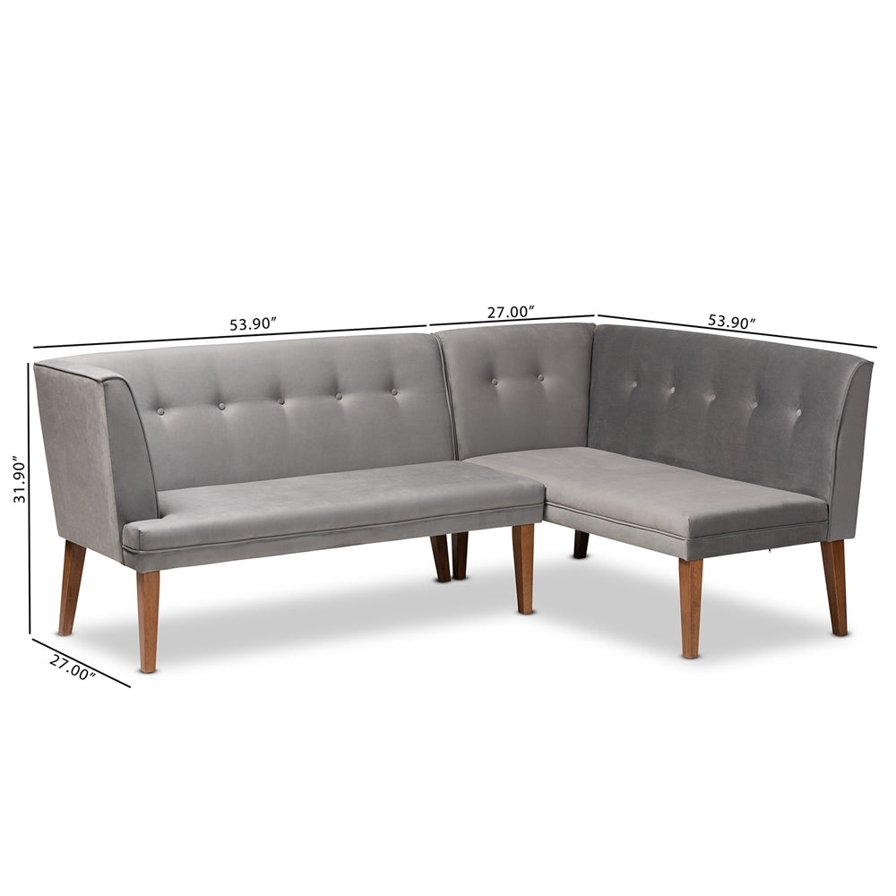 Stewart Mid-Century Modern Grey Velvet Upholstered and Walnut Brown Finished Wood 2-Piece Dining Nook Banquette Set