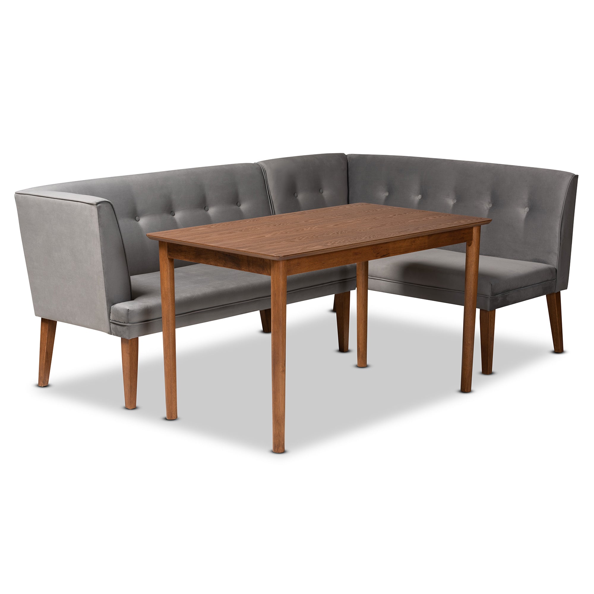 Baxton Studio Stewart Mid-Century Modern Grey Velvet Upholstered and Walnut Brown Finished Wood 3-Piece Dining Nook Set