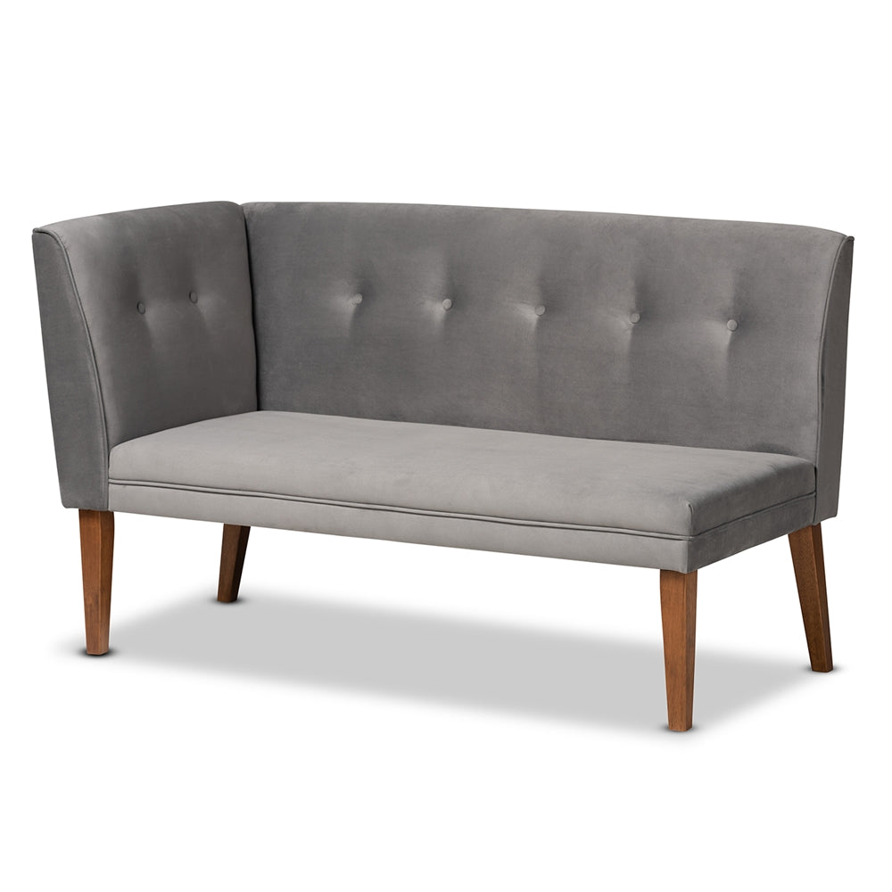 Stewart Mid-Century Modern Grey Velvet Upholstered and Walnut Brown Finished Wood 3-Piece Dining Nook Set