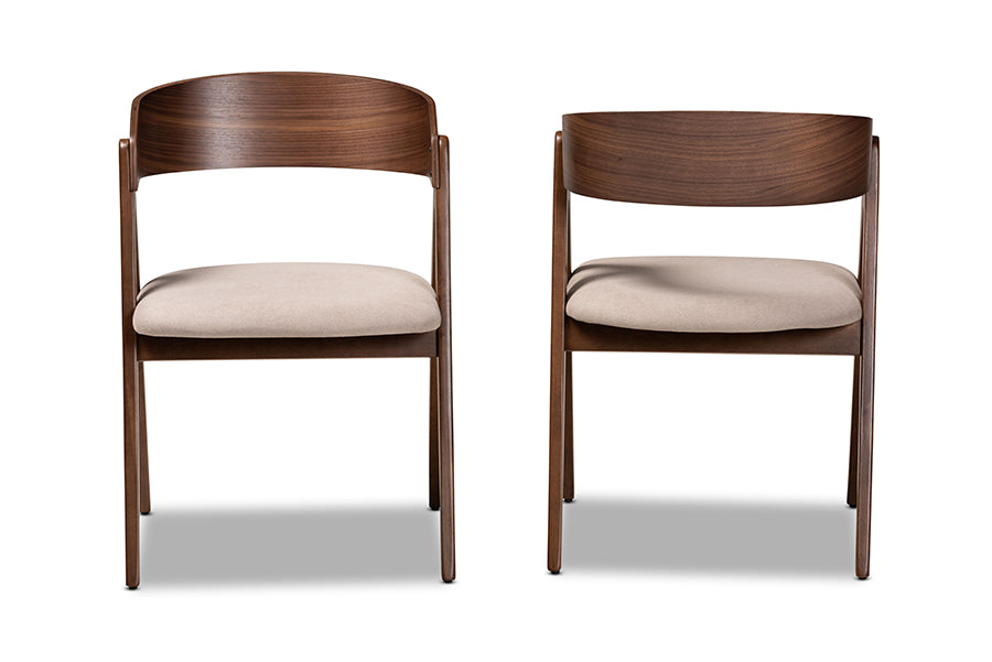 Danton Mid-Century Modern Beige Fabric Upholstered and Walnut Brown Finished Wood 2-Piece Dining Chair Set