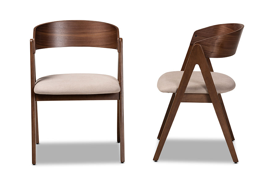 Danton Mid-Century Modern Beige Fabric Upholstered and Walnut Brown Finished Wood 2-Piece Dining Chair Set
