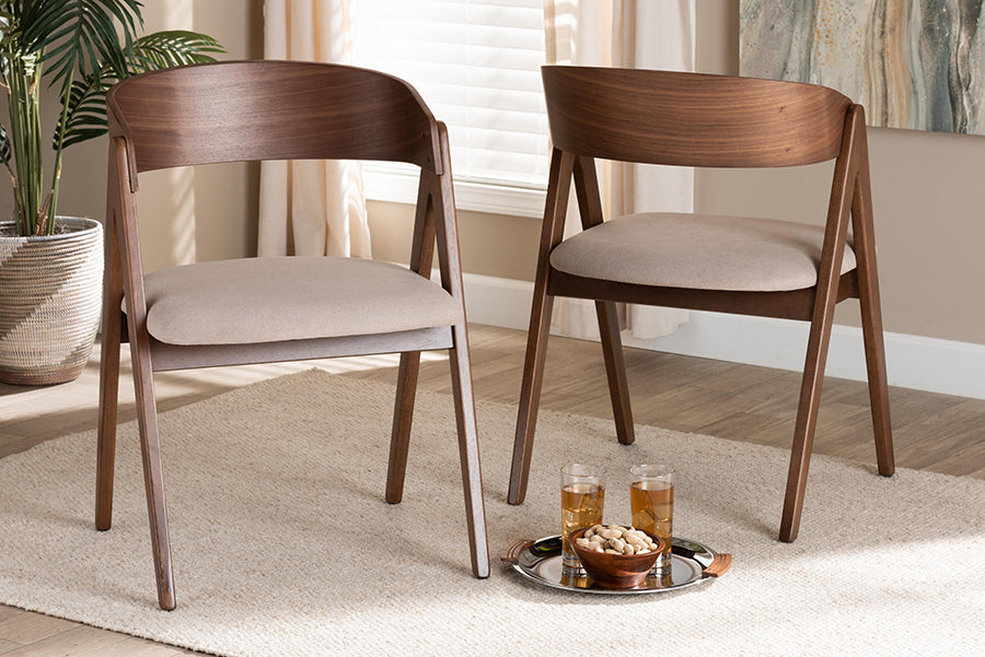Danton Mid-Century Modern Beige Fabric Upholstered and Walnut Brown Finished Wood 2-Piece Dining Chair Set