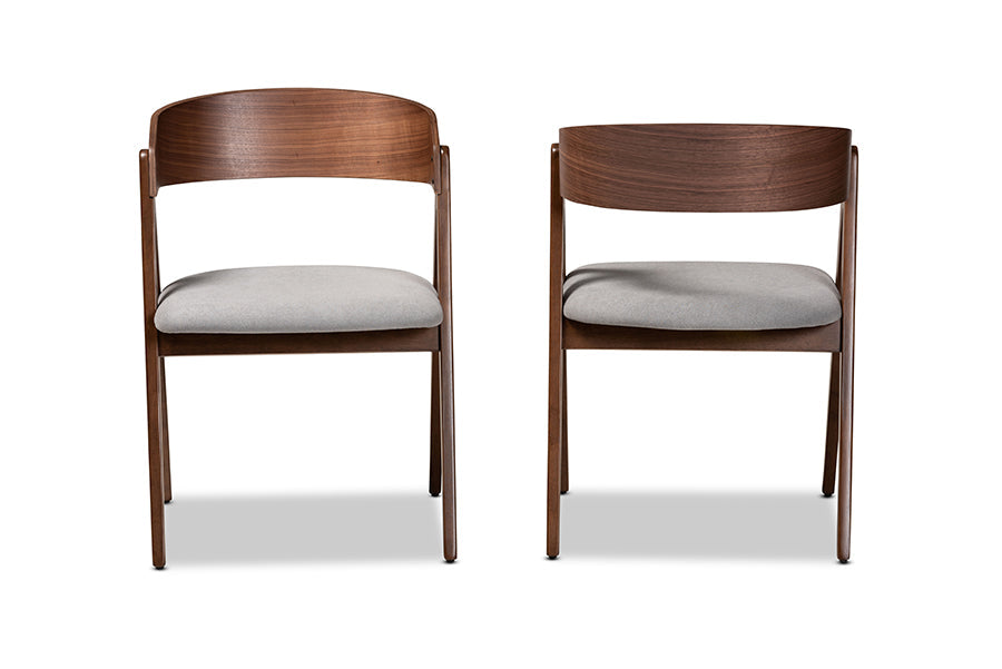 Danton Mid-Century Modern Grey Fabric Upholstered and Walnut Brown Finished Wood 2-Piece Dining Chair Set