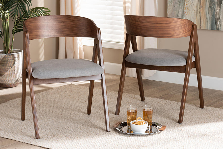 Danton Mid-Century Modern Grey Fabric Upholstered and Walnut Brown Finished Wood 2-Piece Dining Chair Set