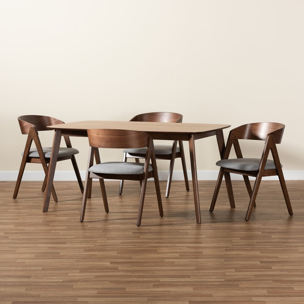 Danton Mid-Century Modern Grey Fabric Upholstered and Walnut Brown Finished Wood 5-Piece Dining Set