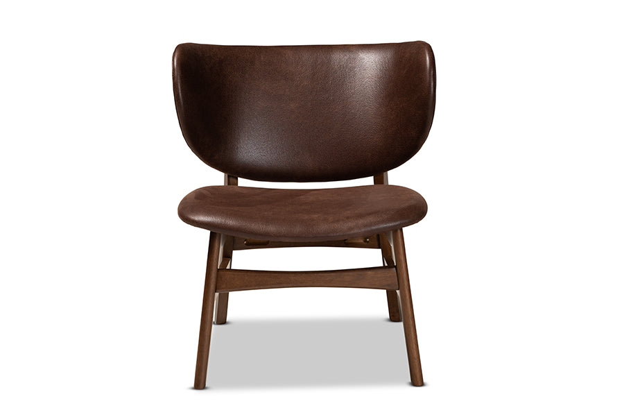 Marcos Mid-Century Modern Dark Brown Faux Leather Effect and Walnut Brown Finished Wood Living Room Accent Chair