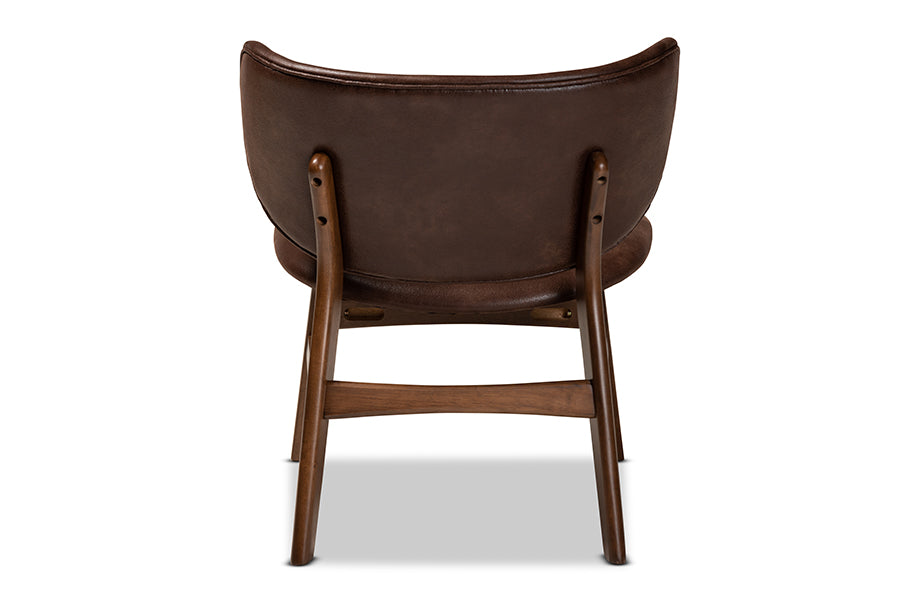 Marcos Mid-Century Modern Dark Brown Faux Leather Effect and Walnut Brown Finished Wood Living Room Accent Chair