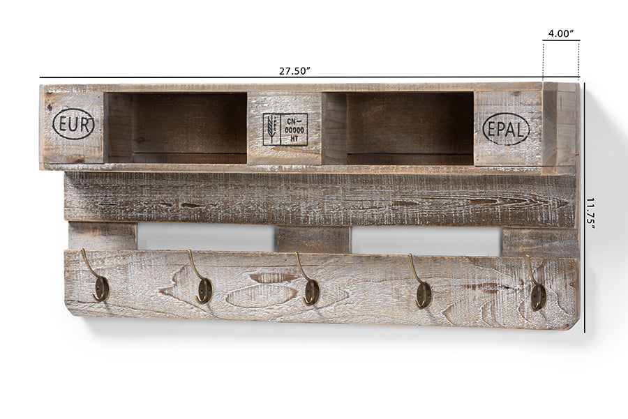 Ferguson Vintage Rustic Whitewashed Grey Oak Finished Wood Wall Mounted Coat Rack with Shelves