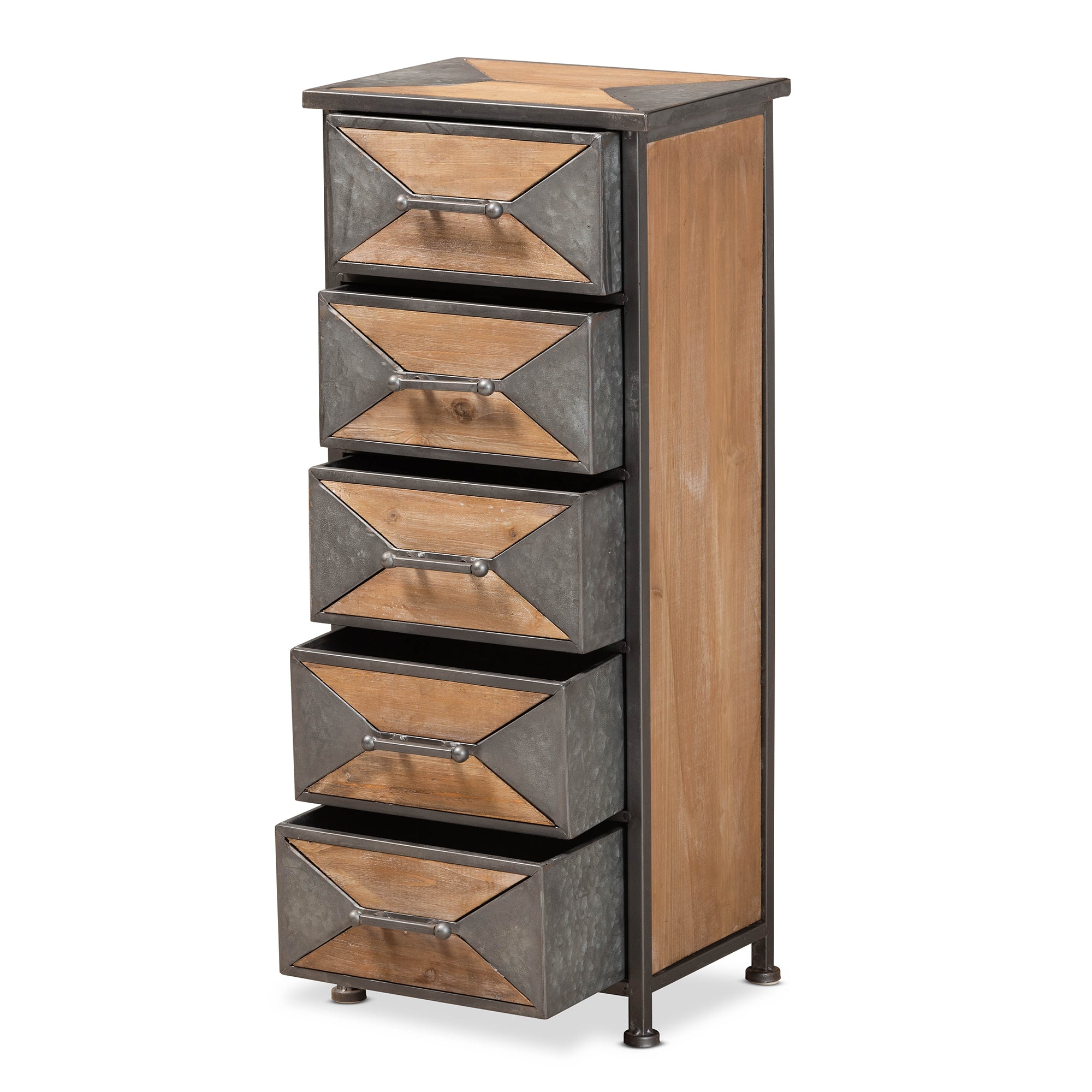 Laurel Rustic Industrial Antique Grey Finished Metal and Whitewashed Oak Brown Finished Wood 5-Drawer Accent Storage Cabinet