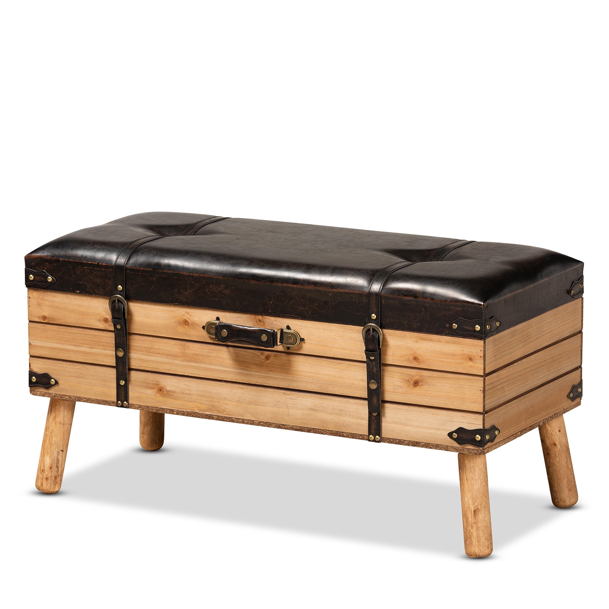 Amena Rustic Transitional Dark Brown PU Leather Upholstered and Oak Finished Wood Large Storage Ottoman