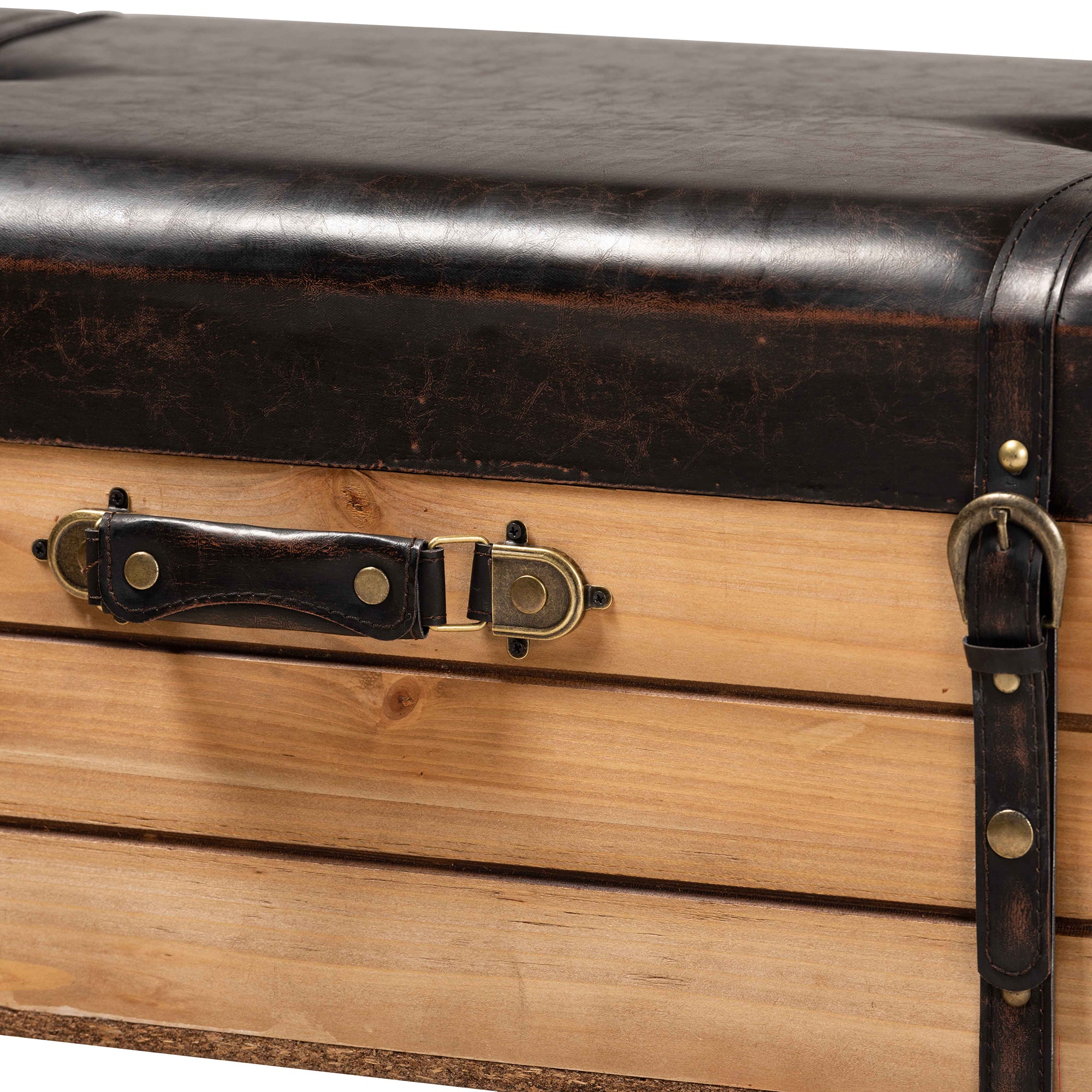 Amena Rustic Transitional Dark Brown PU Leather Upholstered and Oak Finished Wood Large Storage Ottoman