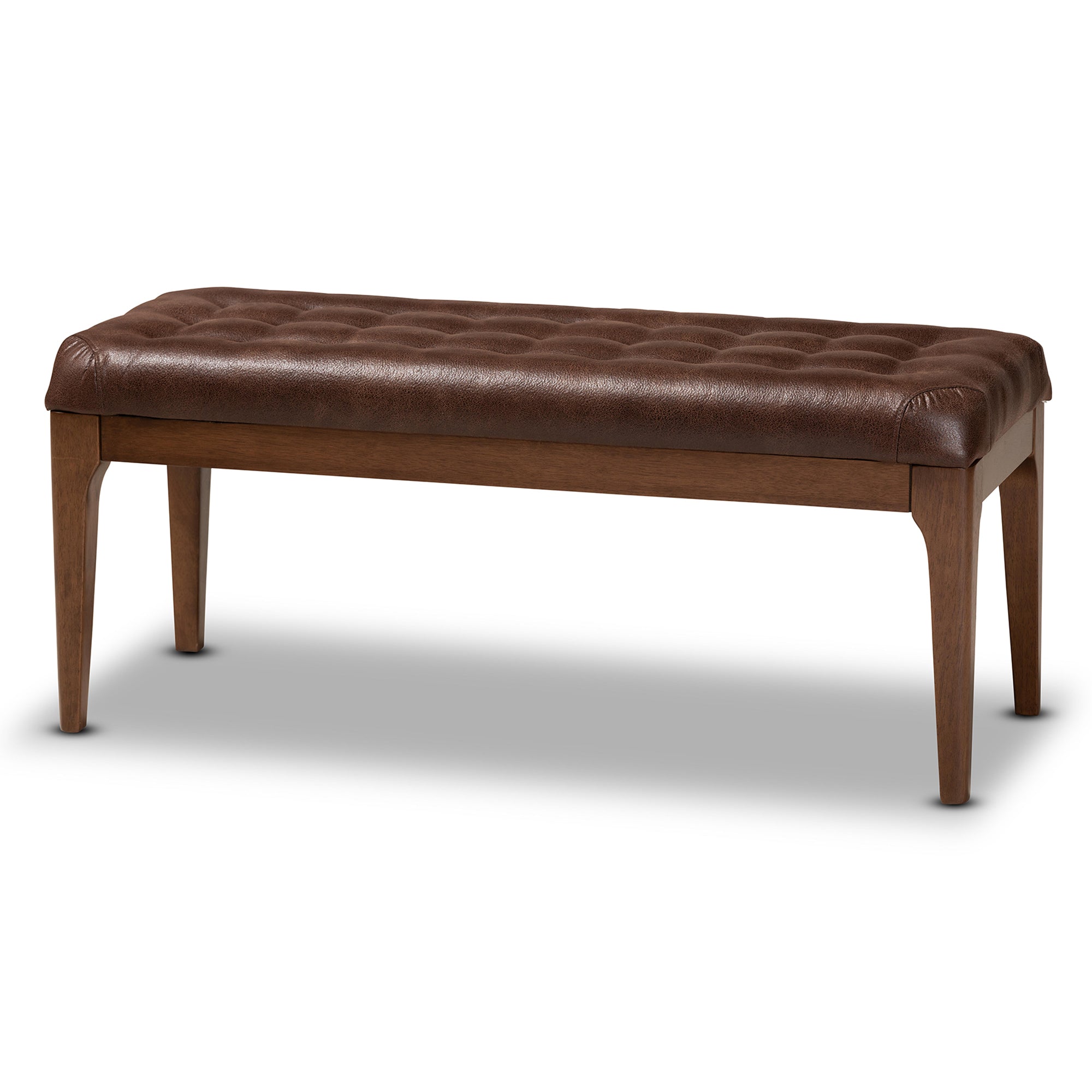 Walsh Mid-Century Modern Dark Brown Leather-Effect Polyester Fabric Upholstered and Walnut Brown Finished Wood Dining Bench