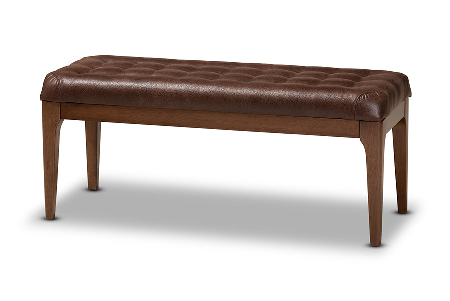 Walsh Mid-Century Modern Dark Brown Leather-Effect Polyester Fabric Upholstered and Walnut Brown Finished Wood Dining Bench