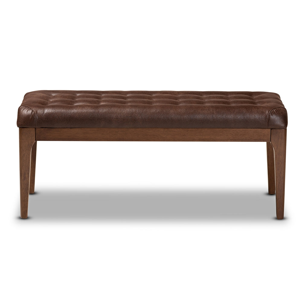 Walsh Mid-Century Modern Dark Brown Leather-Effect Polyester Fabric Upholstered and Walnut Brown Finished Wood Dining Bench