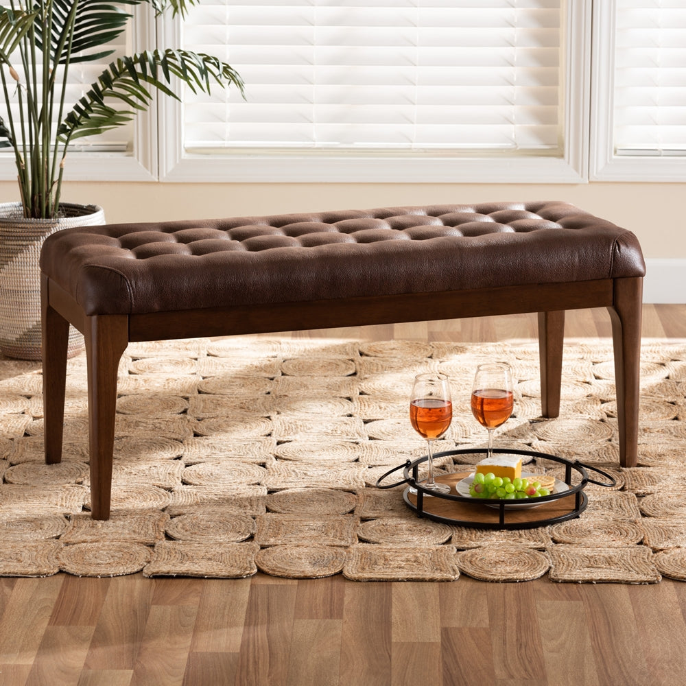 Walsh Mid-Century Modern Dark Brown Leather-Effect Polyester Fabric Upholstered and Walnut Brown Finished Wood Dining Bench