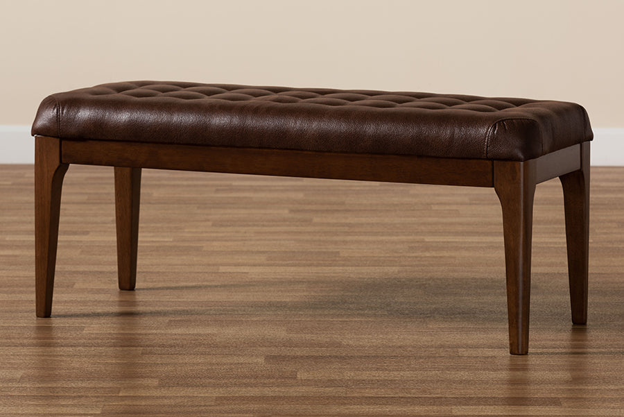 Walsh Mid-Century Modern Dark Brown Leather-Effect Polyester Fabric Upholstered and Walnut Brown Finished Wood Dining Bench
