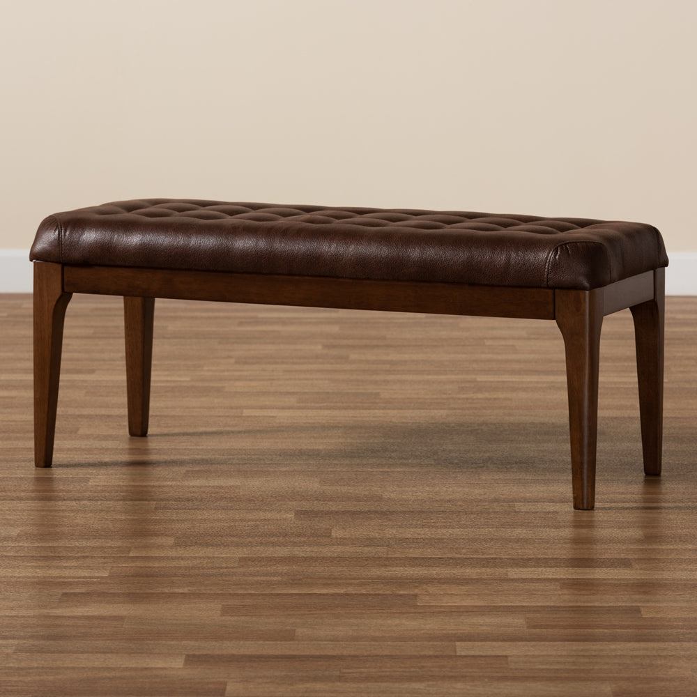 Walsh Mid-Century Modern Dark Brown Leather-Effect Polyester Fabric Upholstered and Walnut Brown Finished Wood Dining Bench