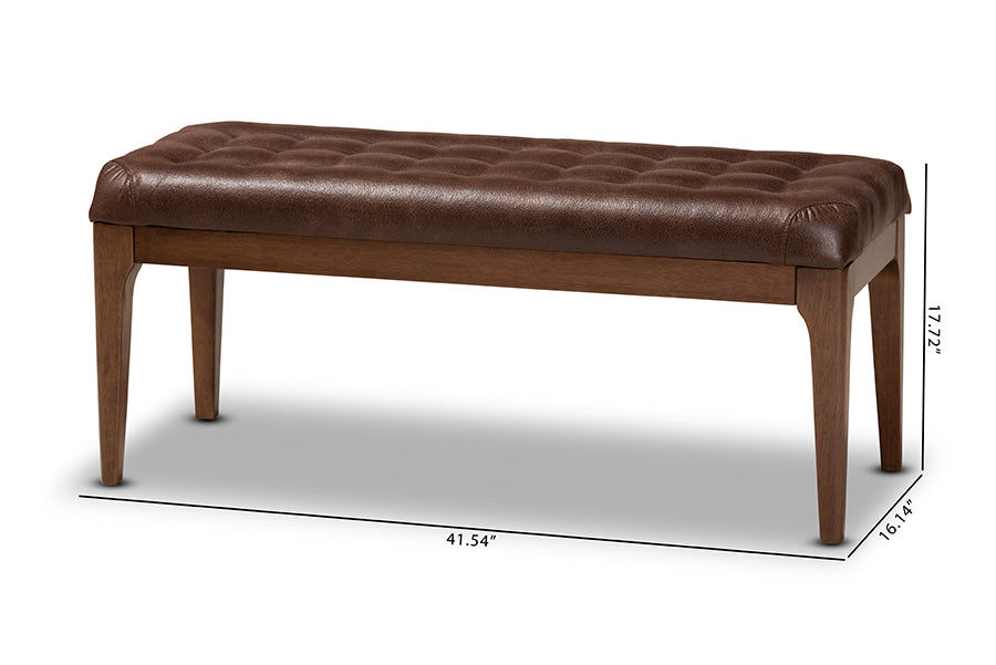 Walsh Mid-Century Modern Dark Brown Leather-Effect Polyester Fabric Upholstered and Walnut Brown Finished Wood Dining Bench