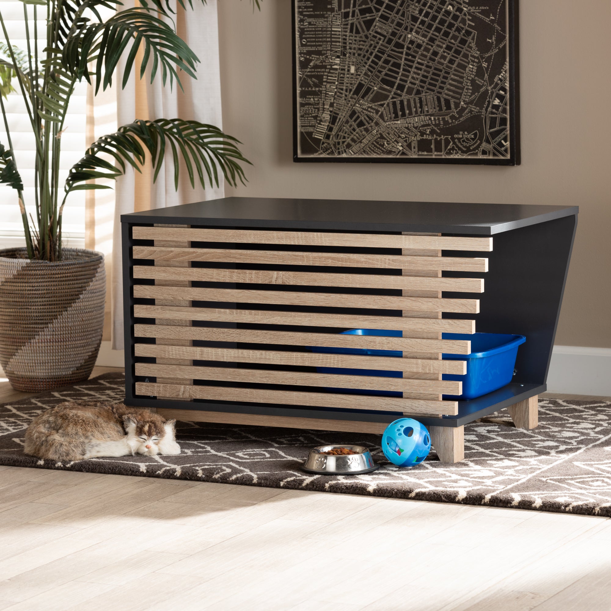 Eckhart Modern and Contemporary Two-Tone Dark Grey and Oak Finished Wood Cat Litter Box Cover House