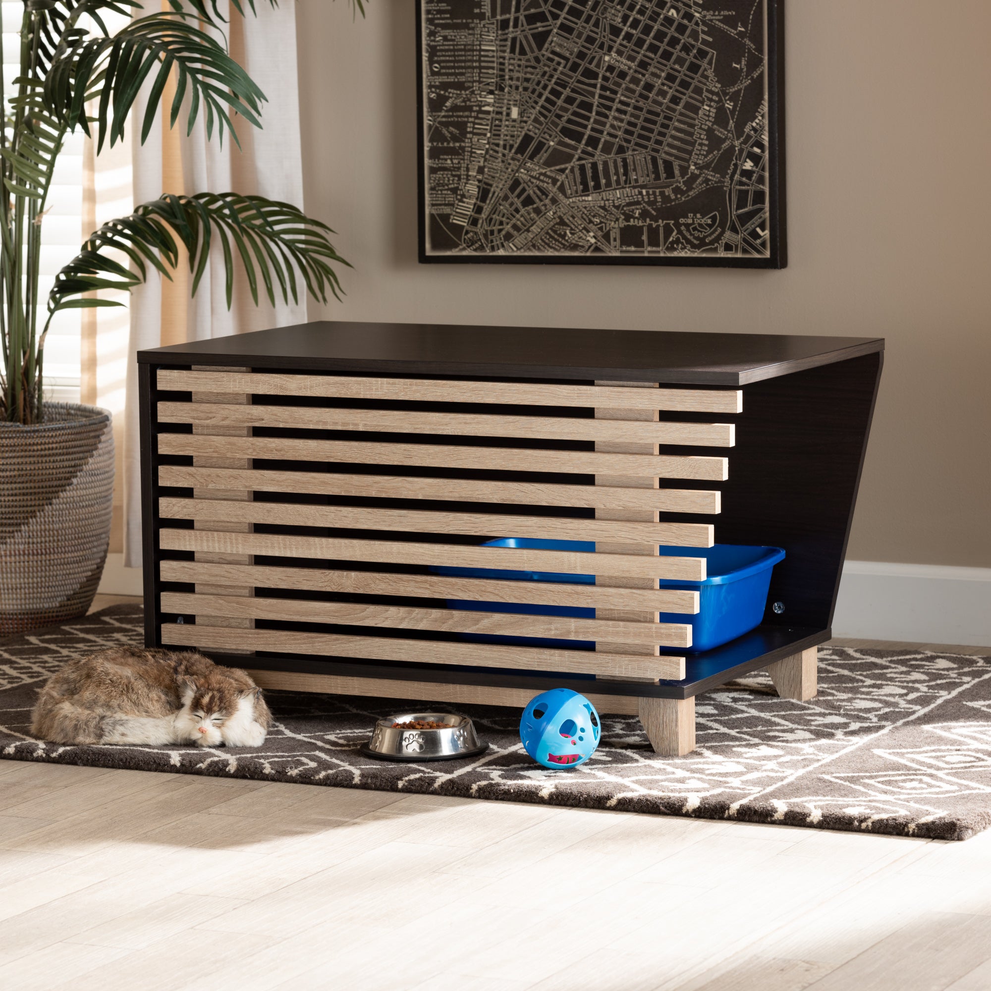 Eckhart Modern and Contemporary Two-Tone Dark Brown and Oak Finished Wood Cat Litter Box Cover House