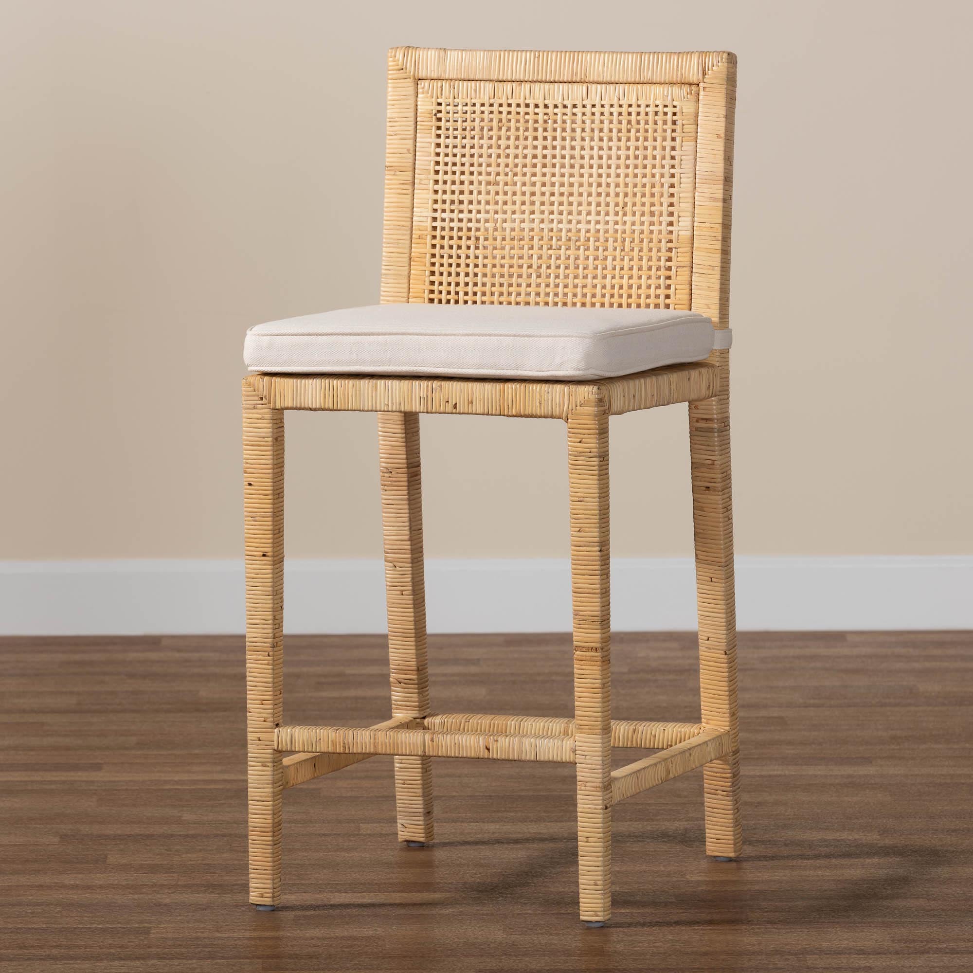 Sofia Modern and Contemporary Natural Finished Wood and Rattan Counter Stool
