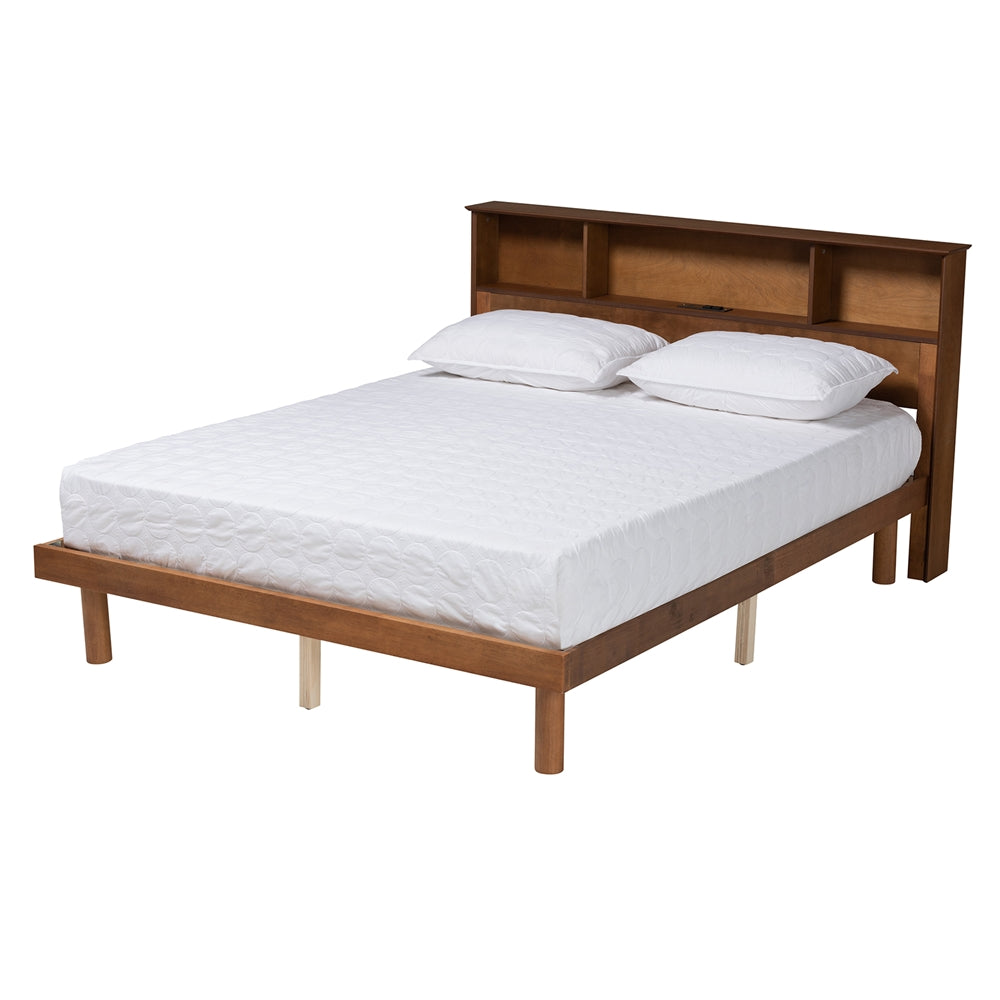 Bean Full Walnut Wood Bed – Sleek Platform Style & USB Charging