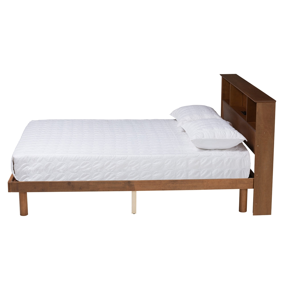 Bean Full Walnut Wood Bed – Sleek Platform Style & USB Charging