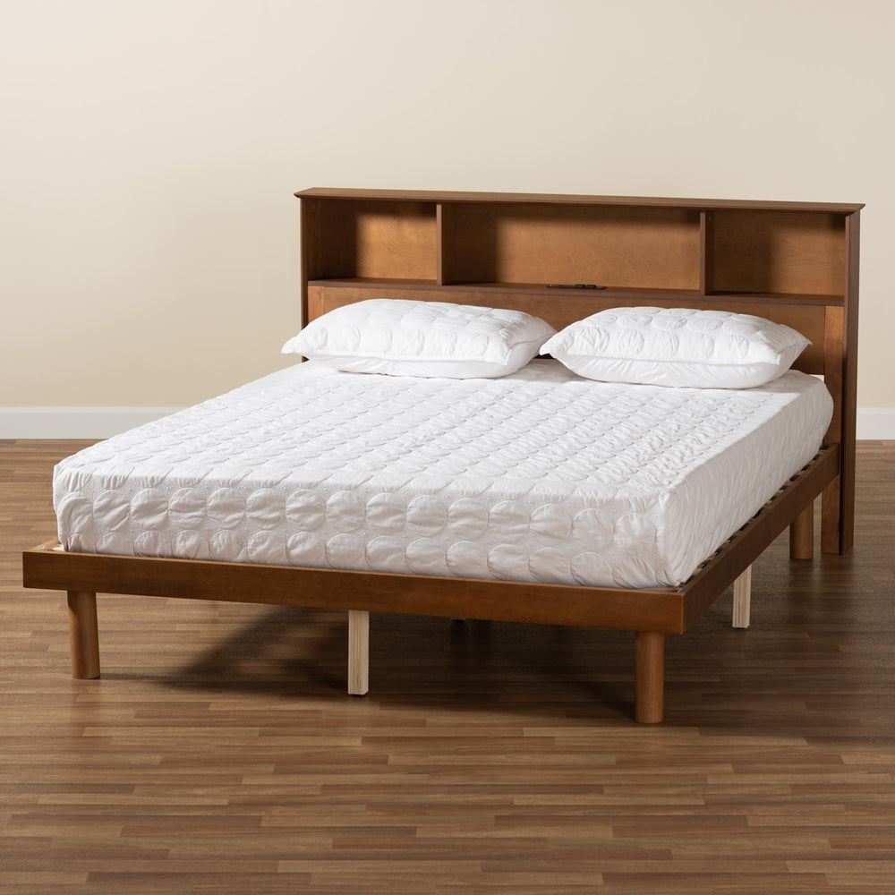Bean Full Walnut Wood Bed – Sleek Platform Style & USB Charging