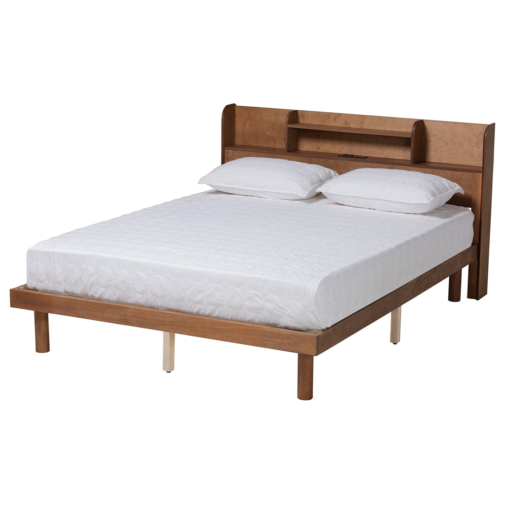 Gomer Walnut Brown Full Platform Bed – Mid-Century Wood Bed with Charging Port