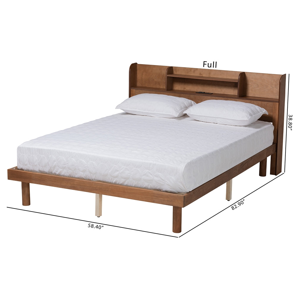 Gomer Walnut Brown Full Platform Bed – Mid-Century Wood Bed with Charging Port