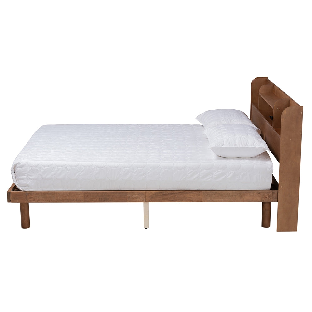 Gomer Walnut Brown Full Platform Bed – Mid-Century Wood Bed with Charging Port