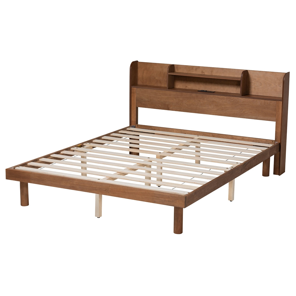 Gomer Walnut Brown Full Platform Bed – Mid-Century Wood Bed with Charging Port