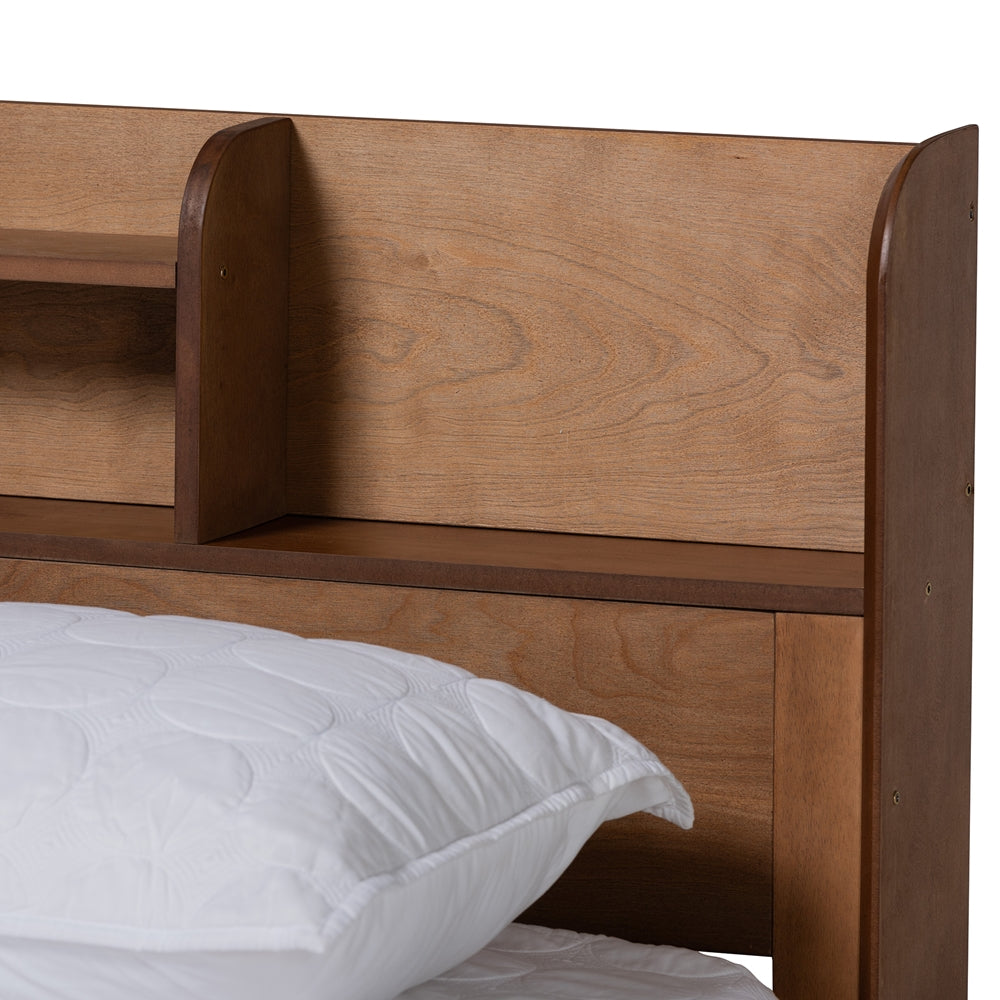 Gomer Walnut Brown Full Platform Bed – Mid-Century Wood Bed with Charging Port