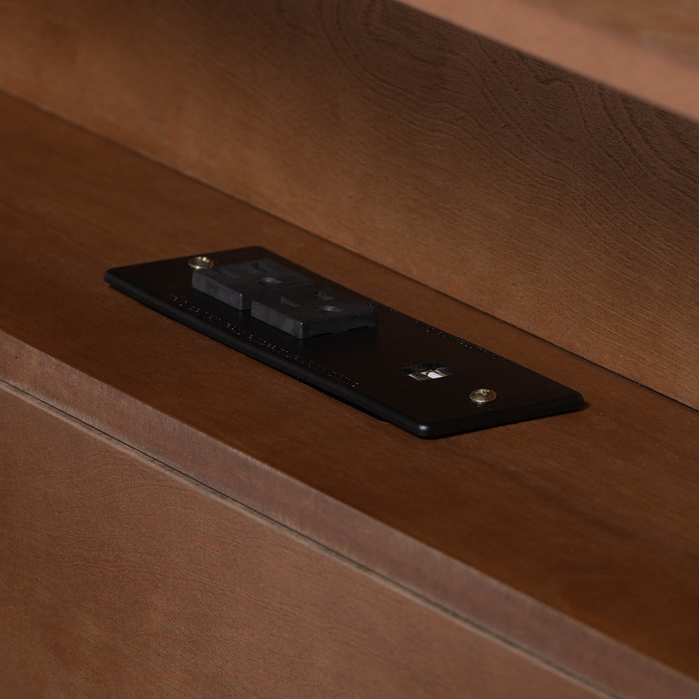 Gomer Walnut Brown Full Platform Bed – Mid-Century Wood Bed with Charging Port