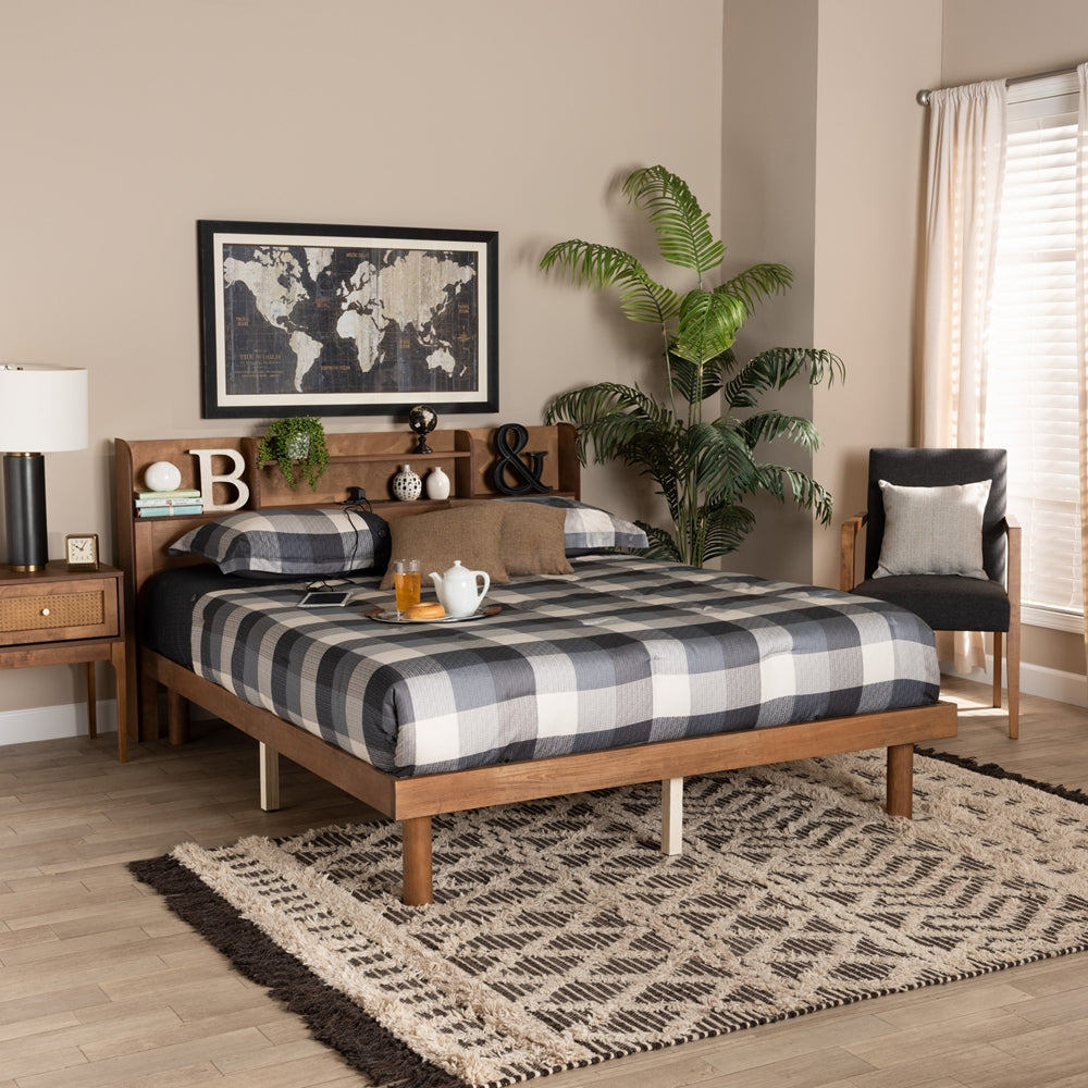 Gomer Walnut Brown Full Platform Bed – Mid-Century Wood Bed with Charging Port