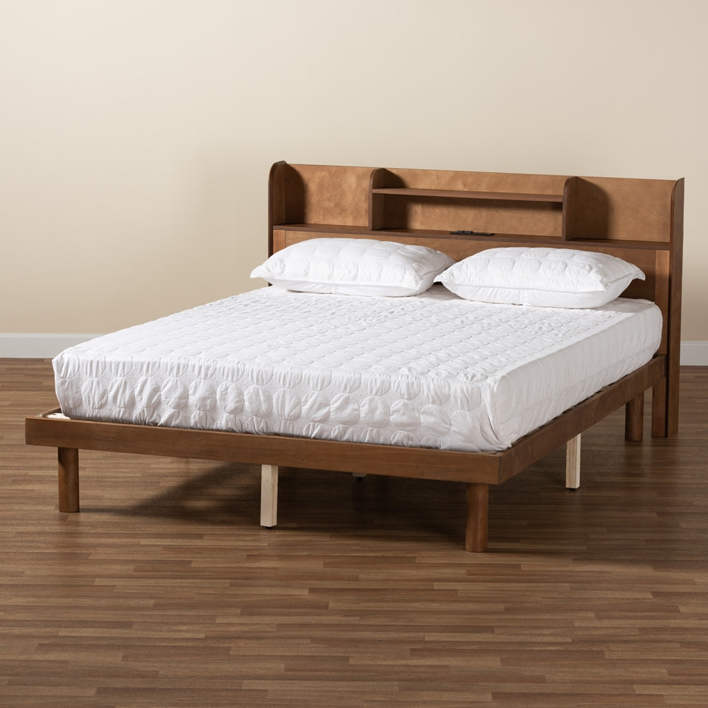 Gomer Walnut Brown Full Platform Bed – Mid-Century Wood Bed with Charging Port